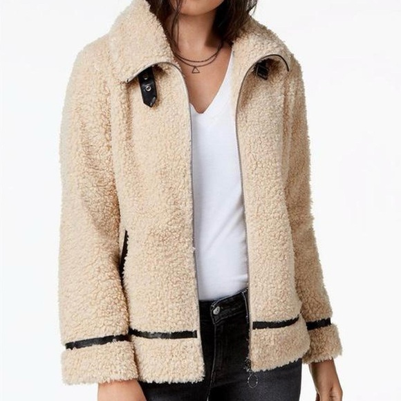 Madden Girl Teddy Jacket Womens Medium Tan Sherpa Faux Leather Trim Buckle Fur - Picture 6 of 13